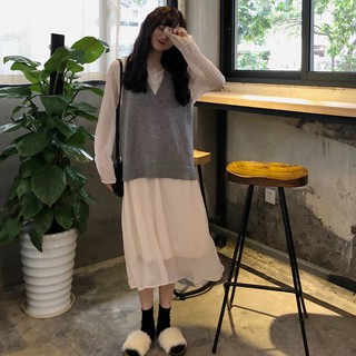 Váy ulzzang kèm áo len gile mỏng set váy dài maxi voan áo len kiểu dáng hàn quốc