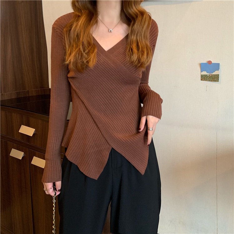 [Áo len nữ cổ V vạt chéo] Áo len dệt kim nữ dáng ôm hàng quảng châu | BigBuy360 - bigbuy360.vn