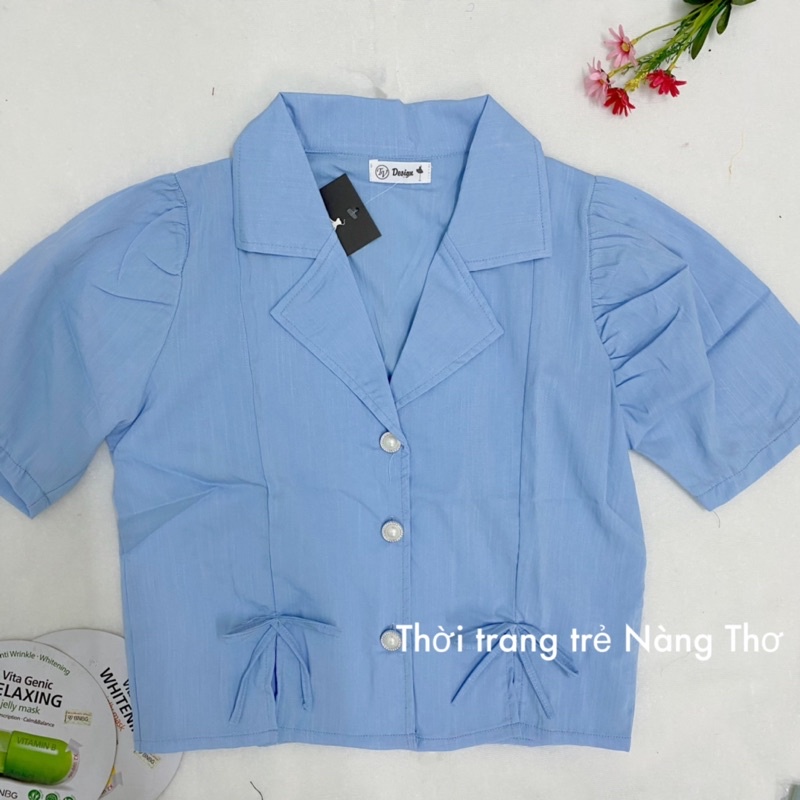 Áo Croptop cổ vét gắn nơ xinh vải đũi Hàn dễ thương