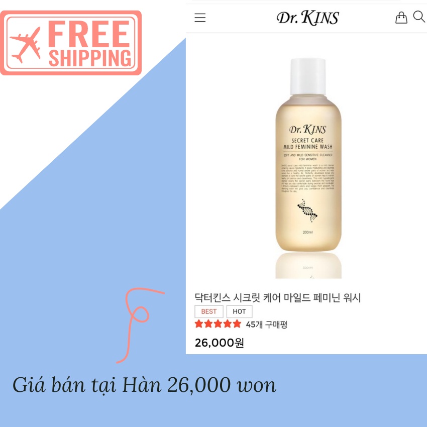 Dung Dịch Vệ Sinh Phụ Nữa Độ PH 5.5 Dưỡng Ẩm Dịu Nhẹ Drkins Secret Care Mild Feminine Wash 200ml- KOBE YOUNG