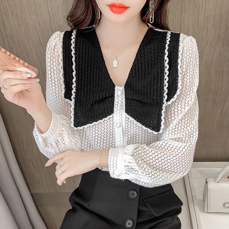 Áo dài tay cổ búp bê phối ren phong cách ngọt ngào thời trang mùa thu mới cho nữ