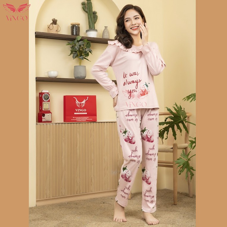 Bộ Đồ Mặc Nhà Pijama Cotton Dáng Dài Họa Tiết Phối Bèo Tay Xòe Hình Dâu H110 Từ VINGO VNGO