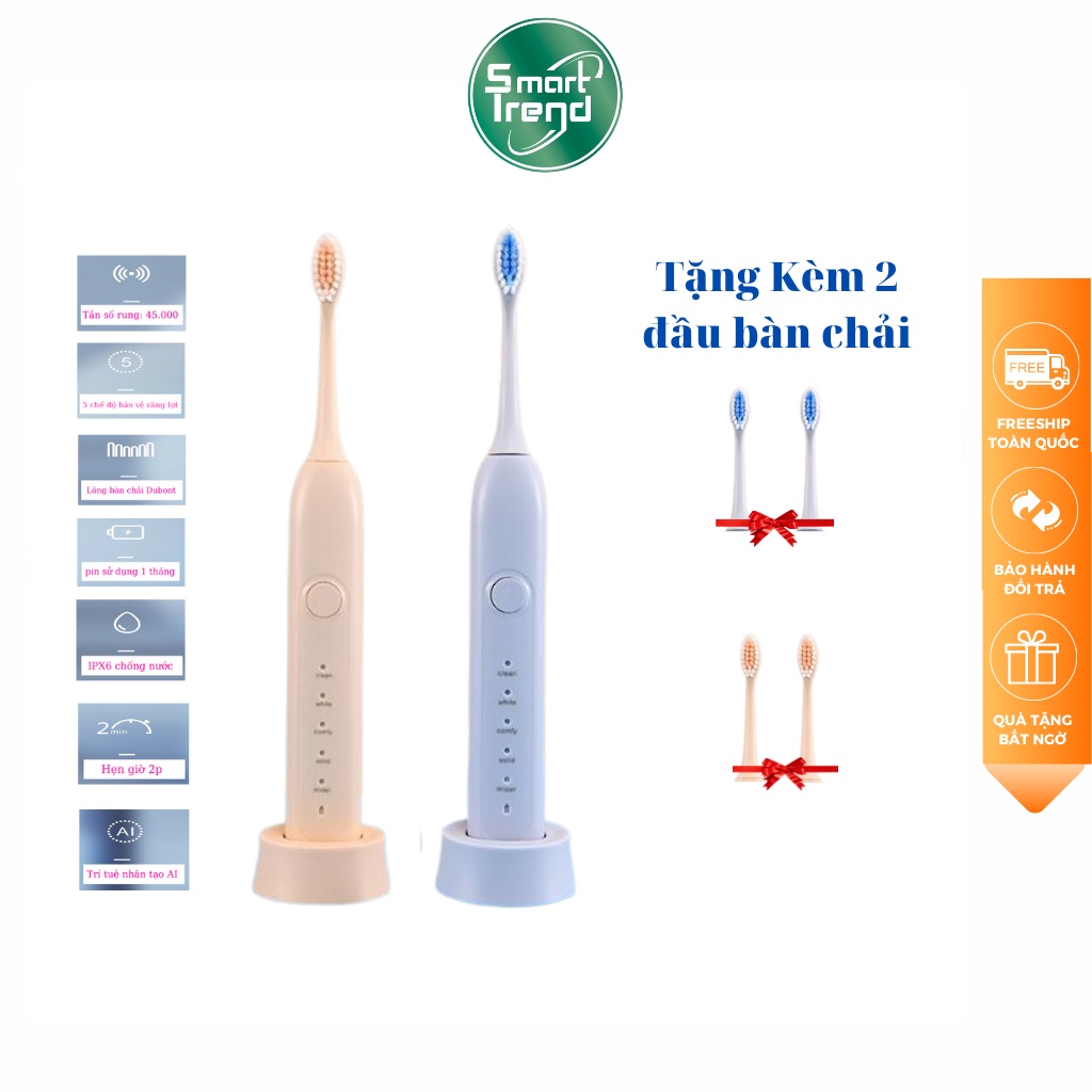 Bàn chải điện sử dụng pin, bàn trải điện đánh răng mềm tự động thông minh 5 chế độ