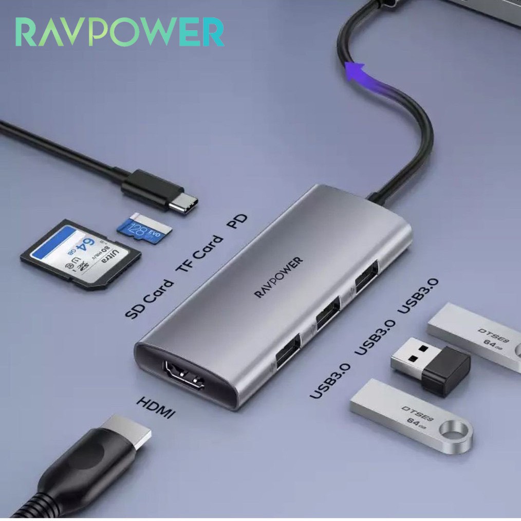 Hub RAVPower Type-C 7 in 1 cho Laptop Macbook Air Pro Mac  (Type-C to HDMI/ USB3.0/ PD 100W) Đầu cáp chuyển