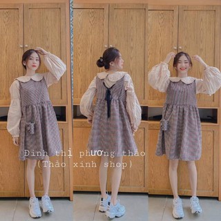 Set yếm 2 màu kèm áo sơ mi chân bèo