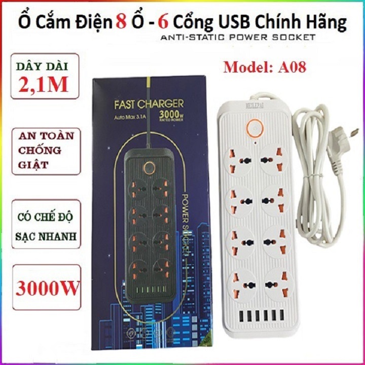 Ổ Cắm Điện A08 Công Suất 3000W, Có 8 Ổ Cắm 220v Lõi Đồng, Với 6 Cổng USB Sạc Nhanh - Công Tắc An Toàn - Dây Dài 2 Mét