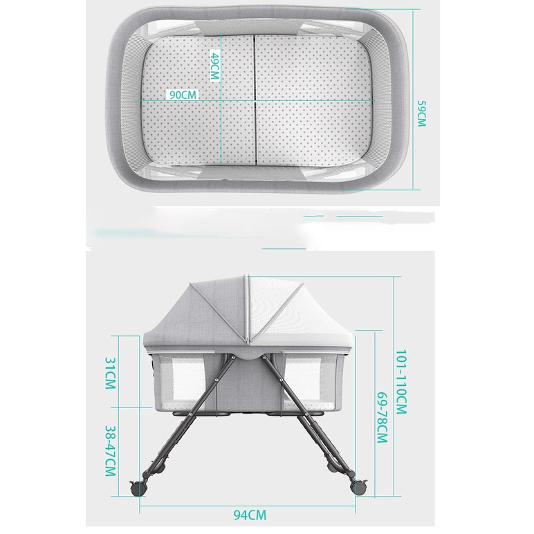 Nôi cho bé có thể tháo rời đa chức năng giường trẻ em di động có đai và gối chống trào ngược kèm màn có thể gấp gọn KM9