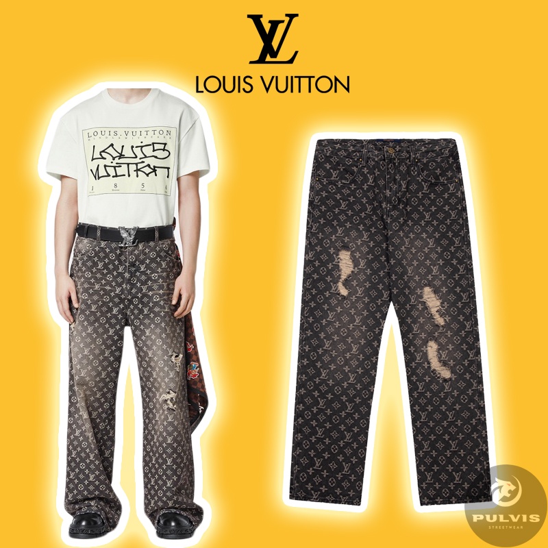 - Quần Jeans LV Luon Vuituoi Denim Baggy Pants, Quần bò jeans ống suông LV rách gối