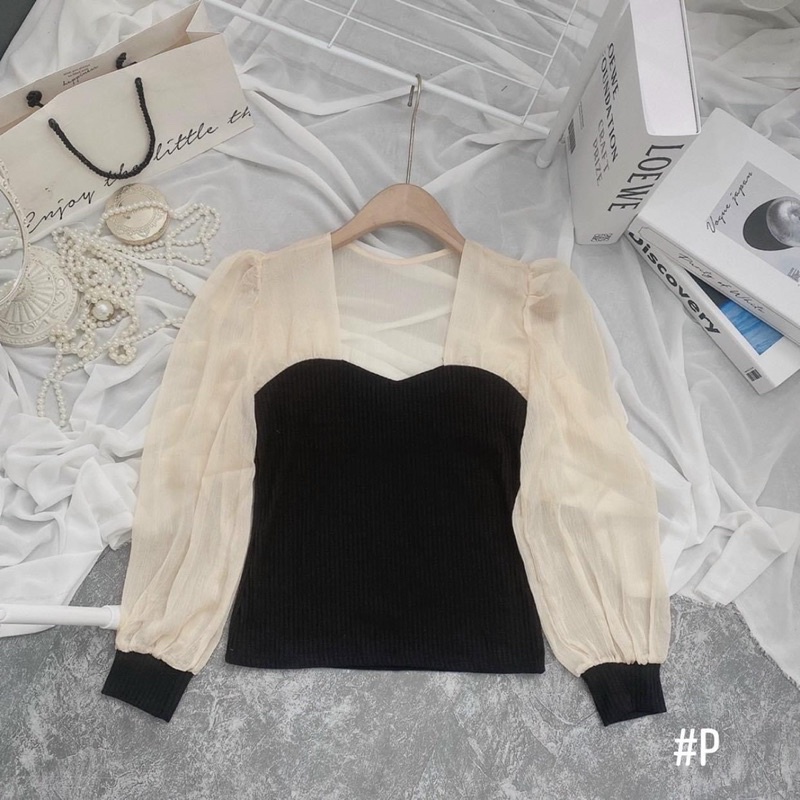 Áo Len Tăm Cổ Vuông Phối Tay Voan siêu Xinh, Áo Bánh Bèo,Áo Len Tăm