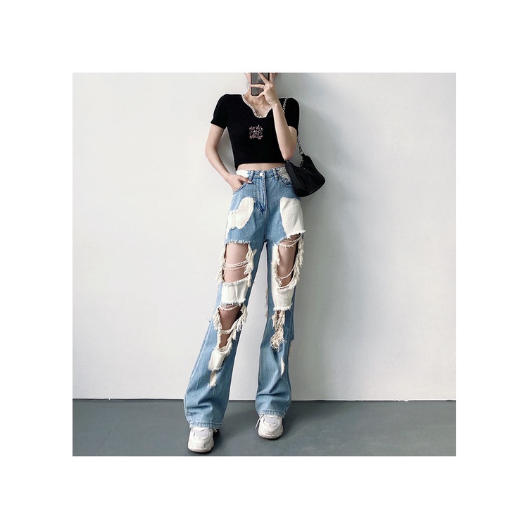 Quần jean rách ống suông lưng cao thời trang cho nữ