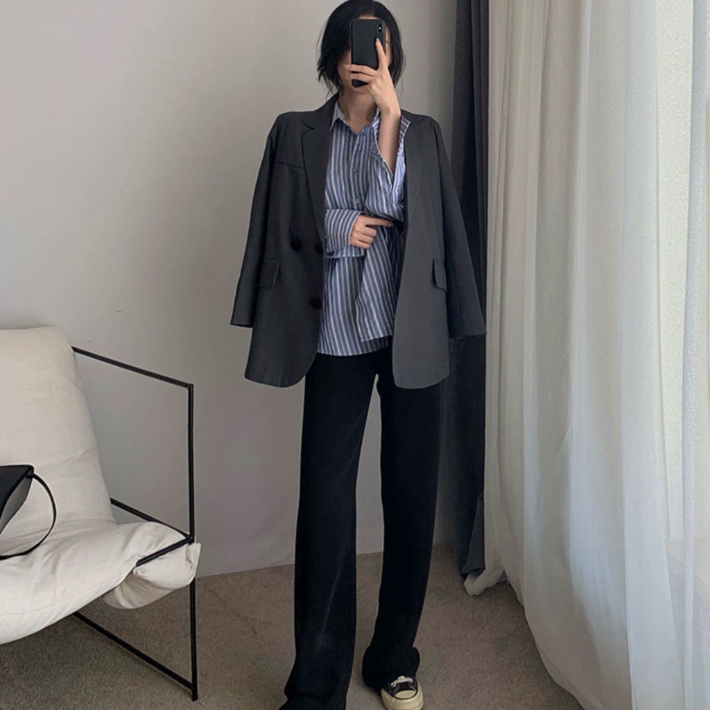 Áo khoác vest dáng dài màu xám phong cách retro Hàn Quốc thời trang xuân thu cho nữ