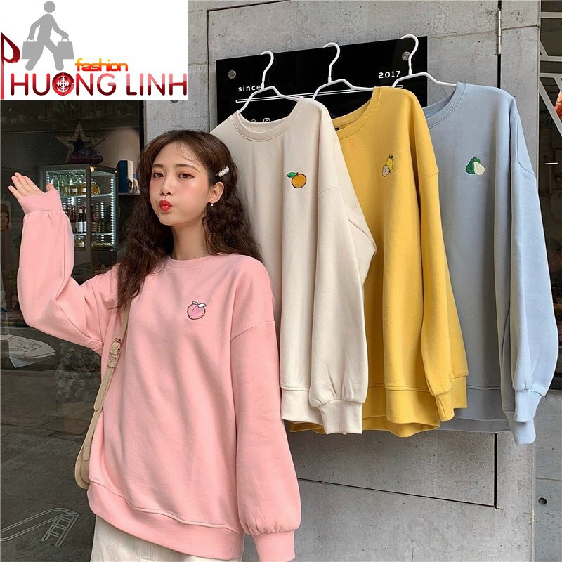 Áo nỉ cổ tròn sweater unisex thêu hình trái cây siêu hot - Trang phục thu đông - Áo nỉ mùa lạnh