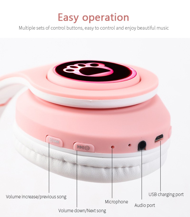 Tai Nghe Bluetooth 5.0 Không Dây Hình Tai Mèo Có Đèn Led Kèm Mic Cho Máy Tính / Điện Thoại