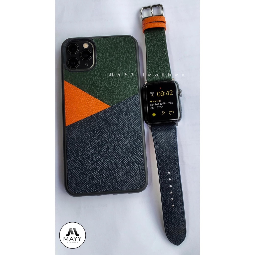 Ốp Da Đồng Hồ Apple Watch Da Bê Epsom Mix Rêu Cam Xanh