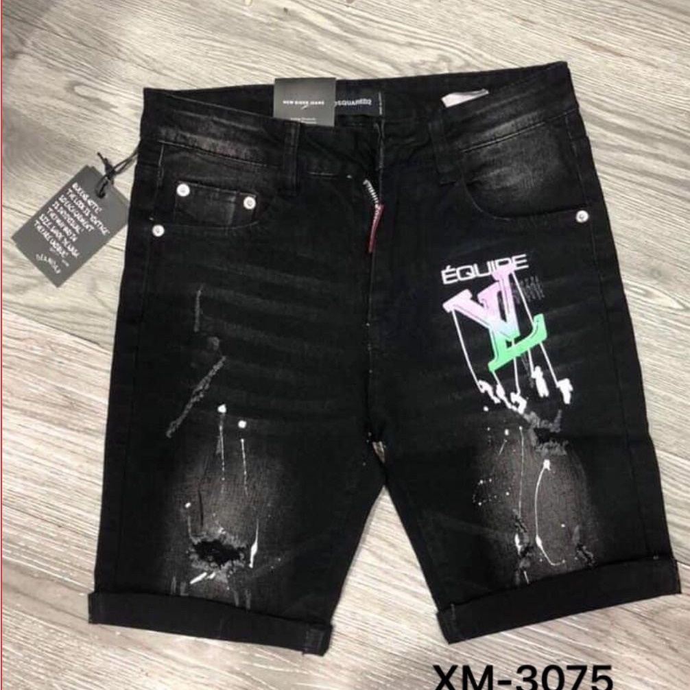 Quần short jean nam đen rách in họa tiết chữ thiết kế trẻ trung phong cách chất vải jean dày co dãn