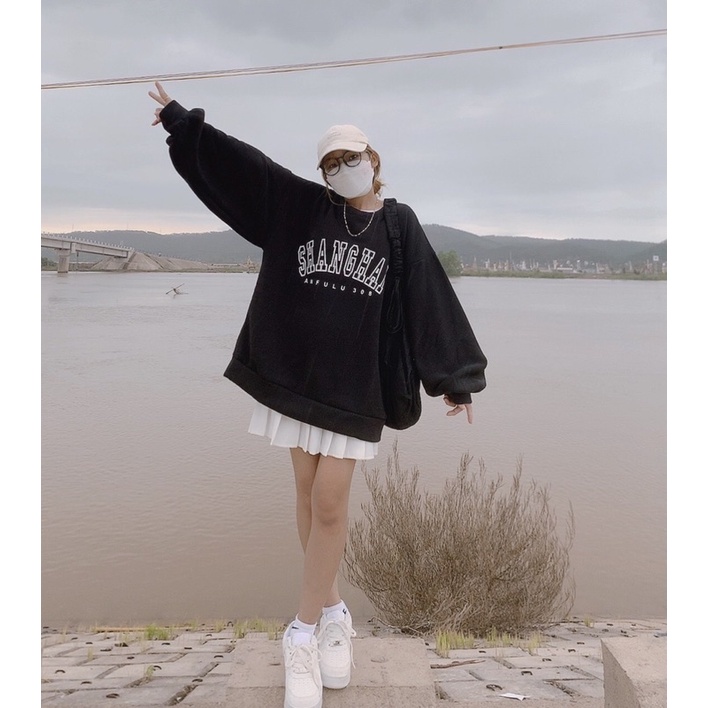 ÁO SWEATER NỈ SHANGHAI ĐEN - freesize ( kèm ảnh thật) | BigBuy360 - bigbuy360.vn