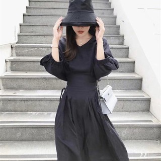 Đầm váy freesize đen tay lỡ đan dây eo