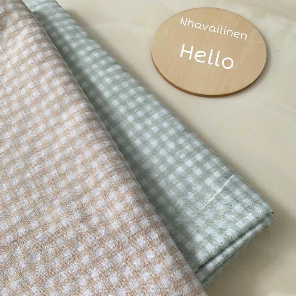 Vải caro xanh đậu - caro be nhạt Nhà Vải Linen