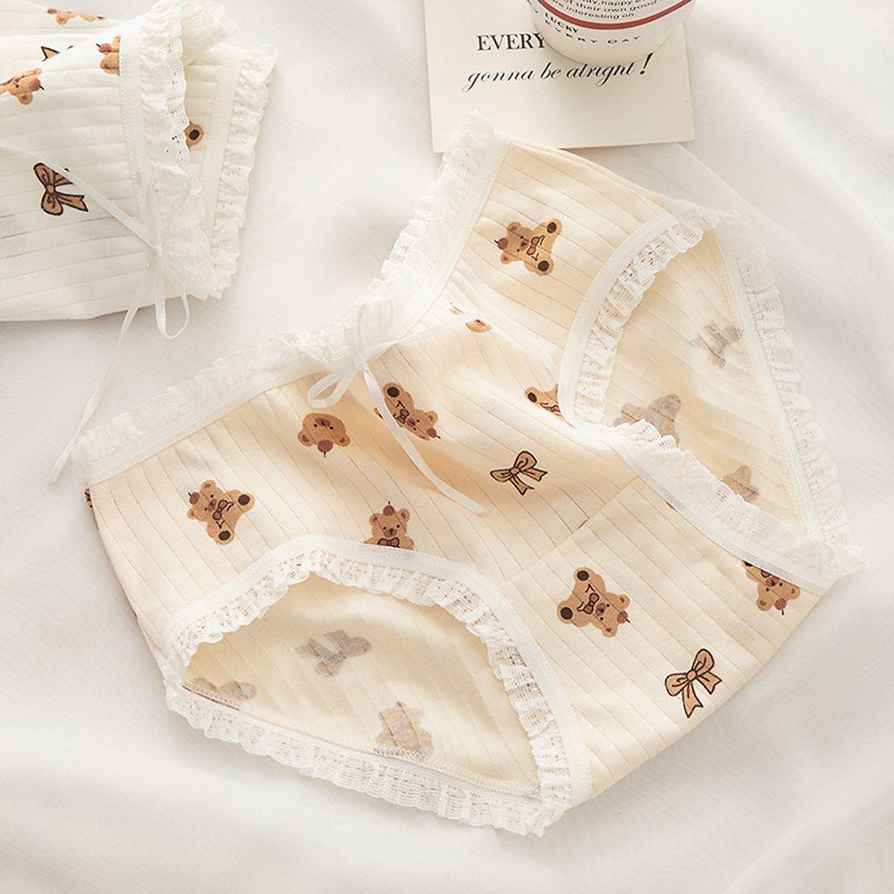 Quần Lót Lưng Vừa Phối Ren Họa Tiết Gấu Hoạt Hình Dễ Thương Cho Nữ