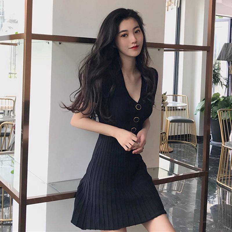 Váy dệt kim cổ chữ V ngắn tay cho nữ