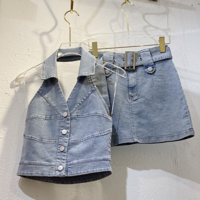 Jiashucheng Áo Hai Dây + Quần Culottes Denim Xanh Nhạt Thời Trang Mùa Hè Nóng Bỏng Cho Bé Gái