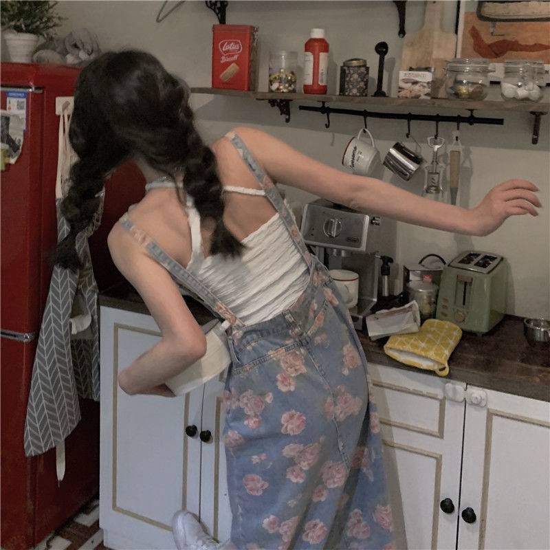 Váy treo in hoa hồng denim hai mảnh mùa hè 2023 dài họa tiết hoa váy treo váy denim