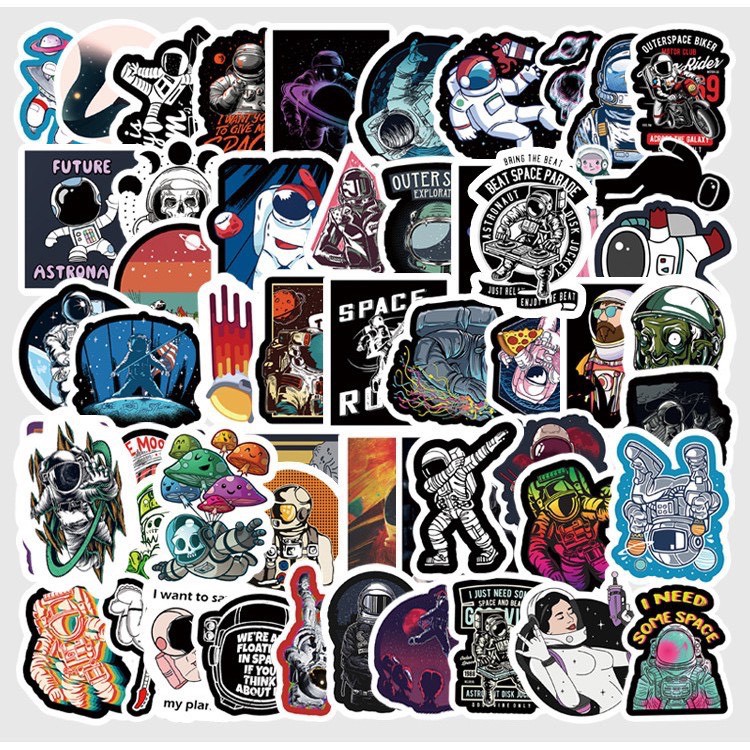 [Set 50 Cái] Miếng Dán Sticker cute trang trí laptop, mũ nón bảo hiểm, vali, xe ga, ván trượt - Phi Hành Gia M039