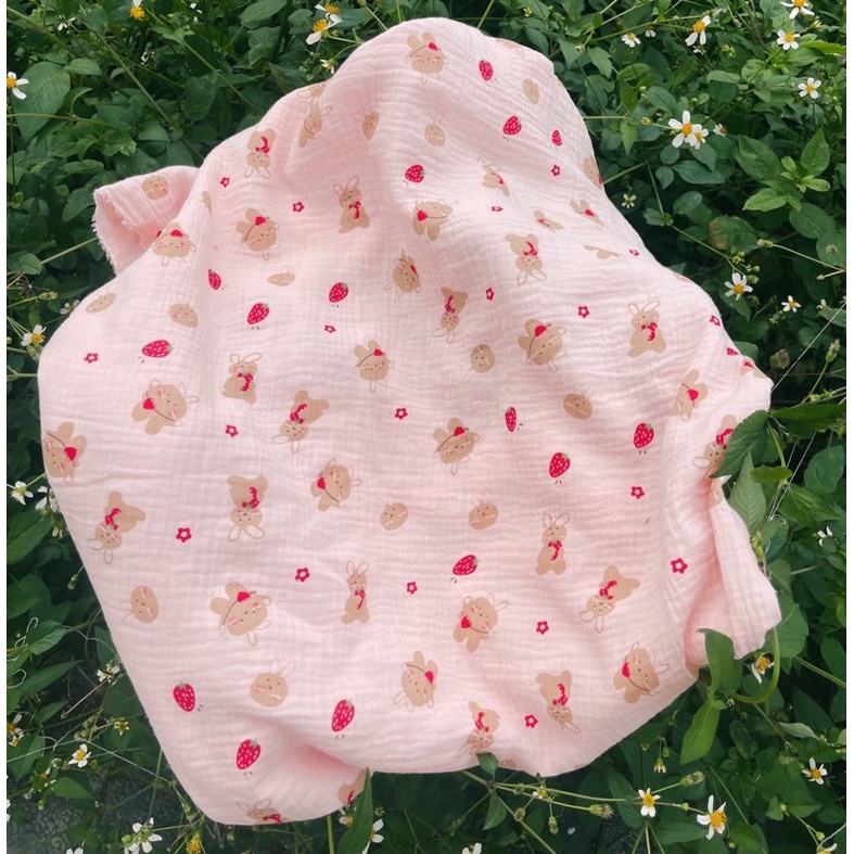 vải xô muslin 2 lớp cao cấp hình thỏ hồng trái tim dễ thương ( ảnh thật )