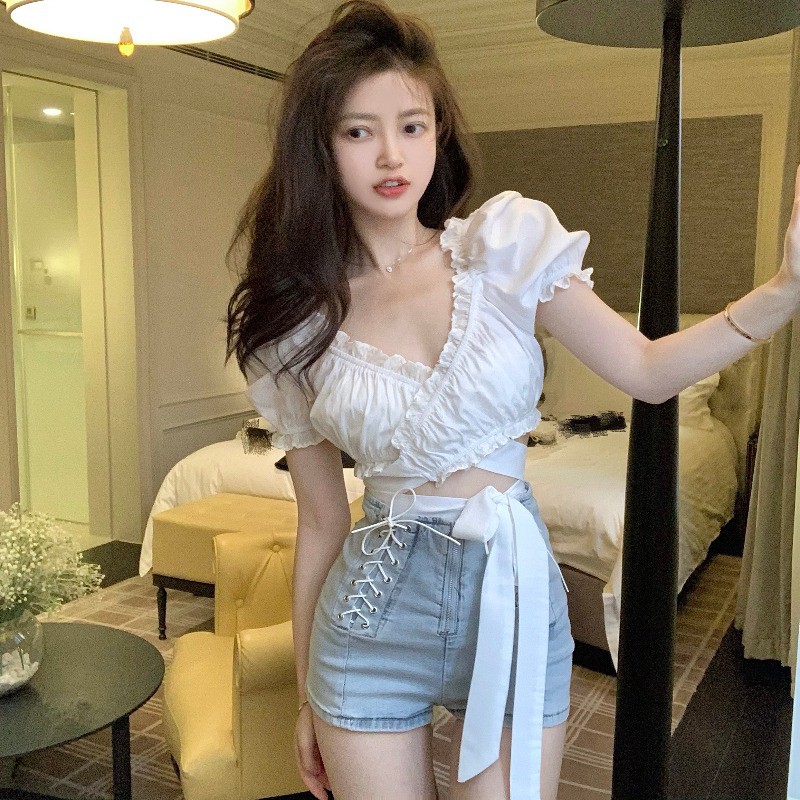 [ẢNH THẬT] ÁO Croptop cột nơ trước kiểu Pháp tiểu thư xinh xắn ngọt ngào cổ điển Retro Vintage mùa hè du lịch đi biển