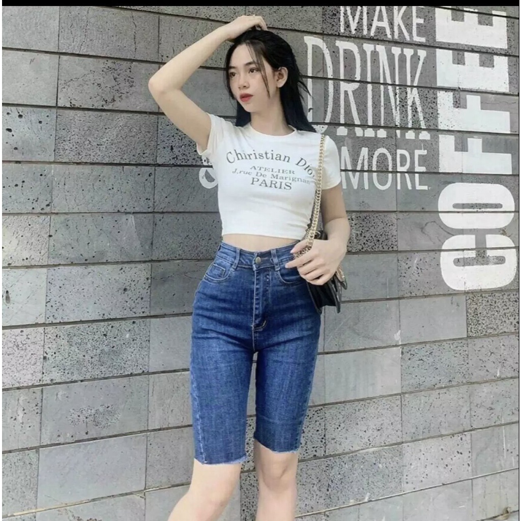 Quần jean ngố/lửng BigSize màu xanh đậm trơn truyền thống dành cho người mập Molijean