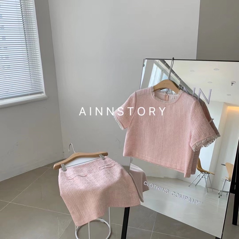 ( Ảnh thật ) A720 Set tweed áo xuông lửng và chân váy chữ A ainn