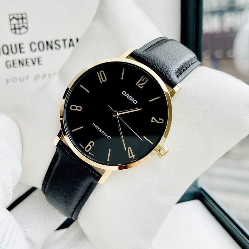 Đồng hồ Nam Casio MTP-VT01GL-1B2, đồng hồ chính hãng, dây da trơn đen mặt đen số, viền vàng