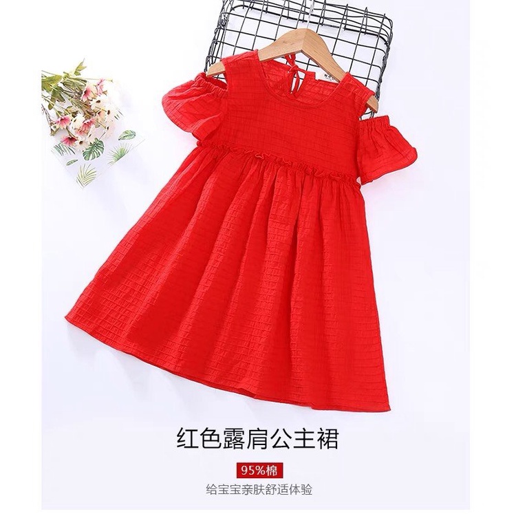 Váy bé gái, váy đỏ diện Tết, váy hở vai cho bé gái hàng Quảng châu cao cấp 15-25kg