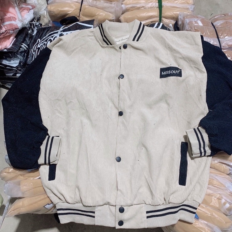 Áo khoác bomber bóng chày thêu logo kaki nhung gân 1 lớp unisex ulzzang nam nữ