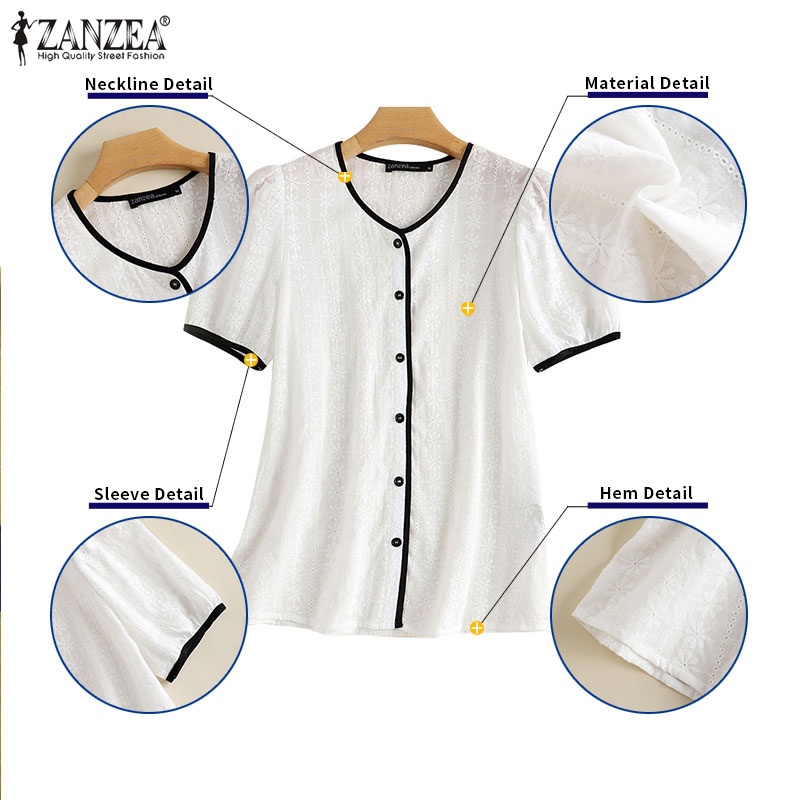 Zanzea Áo Kiểu Nữ Ngắn Tay Cổ Tròn Thêu Hoa Thời Trang