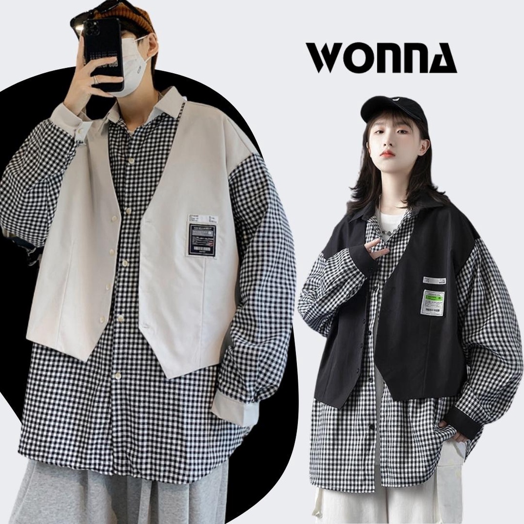 {Có sẵn+Kèm ảnh thật} Áo khoác áo vest gile phối áo sơ mi caro trắng đen ulzzang unisex oversize Hàn street style nam nữ