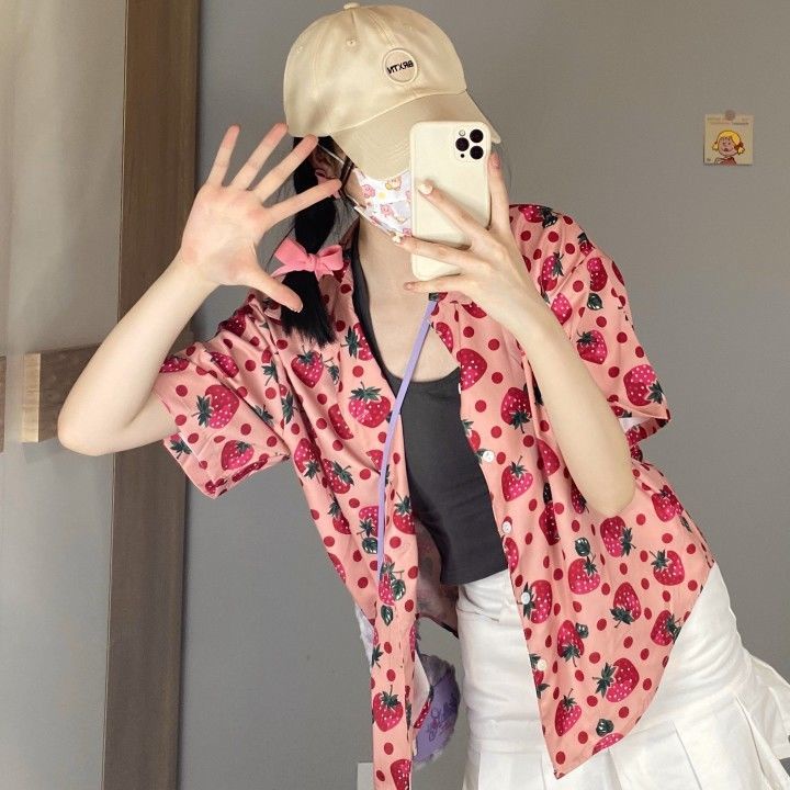 Áo sơ mi nữ tay ngắn họa tiết ngọt ngào dễ phối đồ phong cách Nhật Bản