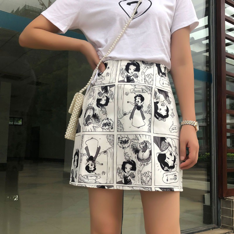 Chân Váy Chữ A Lưng Cao In Họa Tiết Truyện Tranh Màu Sắc Cổ Điển Phong Cách Hàn Quốc Cho Nữ