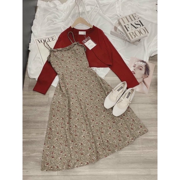 SET ĐẦM 2S HOA NUDE KÈM KHOÁC ĐỎ🖤