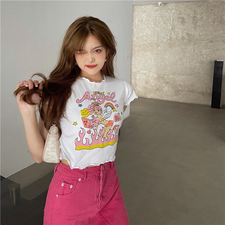 Áo Thun Croptop Tay Ngắn Màu Trơn In Họa Tiết Dễ Thương Phong Cách Hàn Quốc Cho Nữ