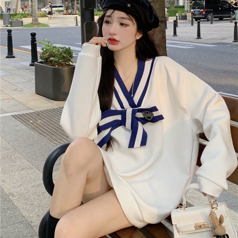 COZOK Áo sweater dáng rộng đính nơ kiểu Hàn Quốc dễ thương