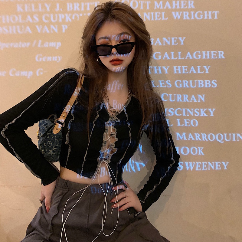 SUXI Áo Thun Tay Dài Cổ Chữ V Dáng Ôm Quyến Rũ Trẻ Trung Phong Cách Vintage