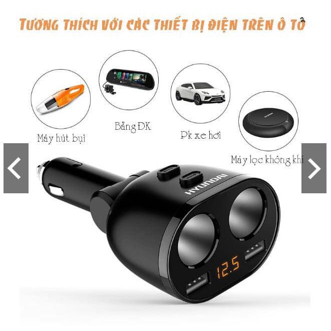 Bộ chia Tẩu sạc nhanh ô tô, xe hơi thành 2 đầu tẩu và 2 cổng sạc USB cao cấp, đa năng Huyndai (Có video)