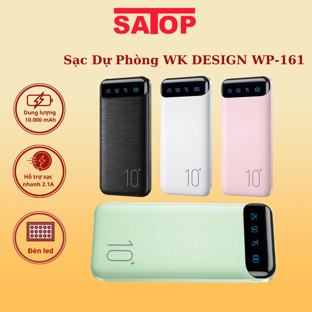 Pin sạc dự phòng 10000mAh WK DESIGN WP-161 sạc dự phòng chính hãng thiết kế đơn giản chip thông minh nhiều màu độc lạ
