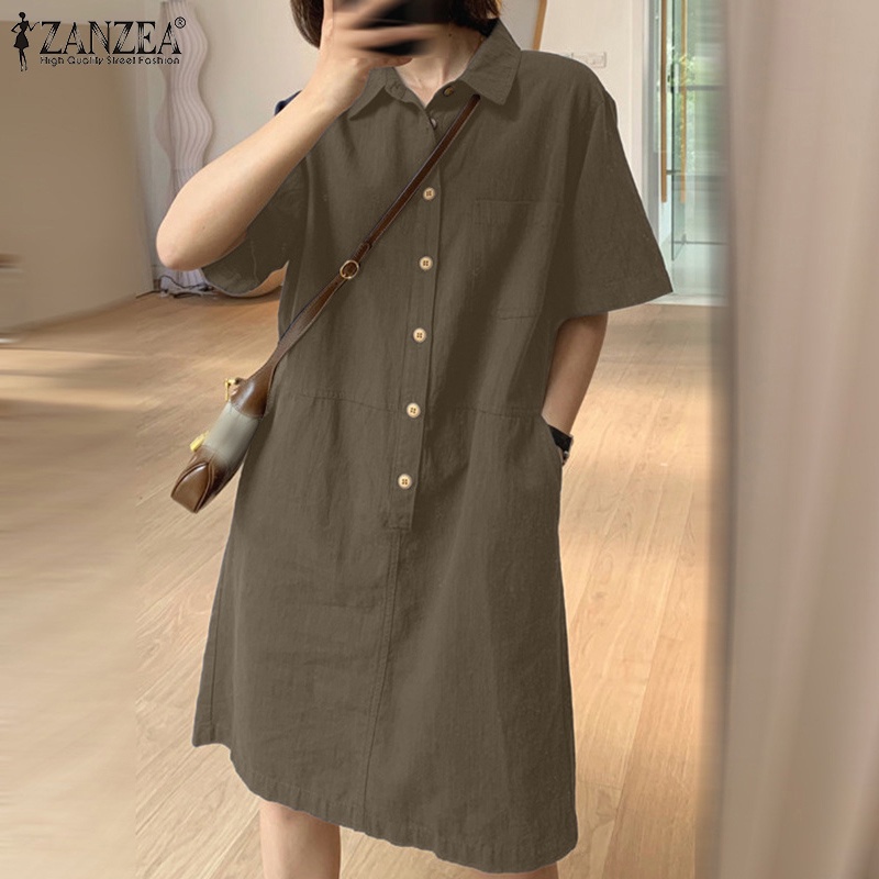 Đầm midi ZANZEA gài nút ngắn tay cổ bẻ thời trang cho nữ