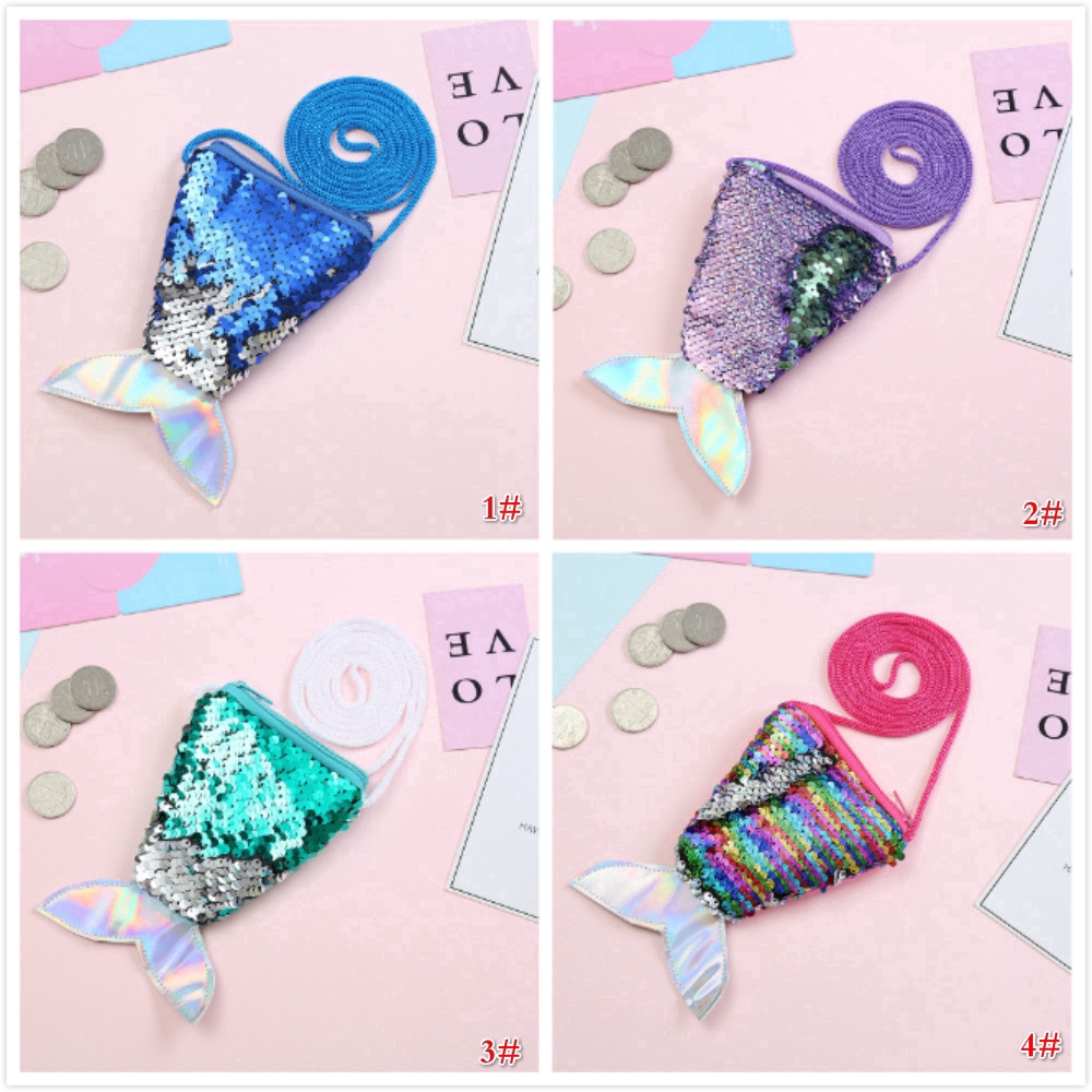 Túi đeo vai đựng tiền xu thiết kế hình đuôi nàng tiên cá kim sa lấp lánh cho bé gái