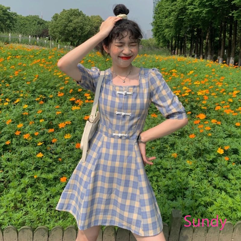 Women's Summer Short Sleeve Plaid Dress