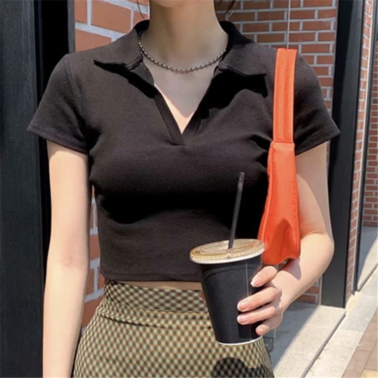 Áo croptop nữ kiểu ôm tay ngắn có cổ polo bigsize thun body CT16