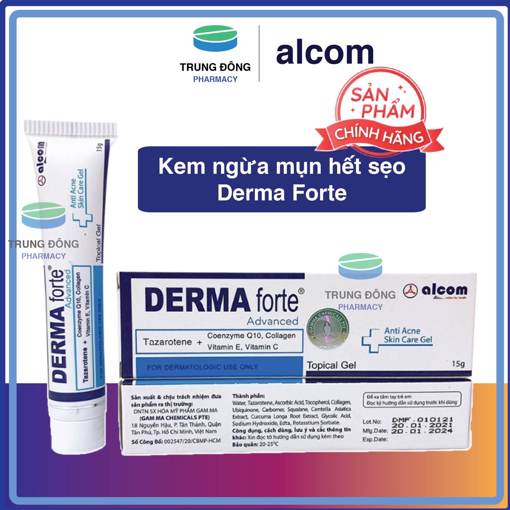 Kem ngừa mụn hết sẹo Derma Forte, sạch mụn trứng cá, đầu đen, bã nhờn trên da Tuýp 15g - Trung Đông Pharmacy