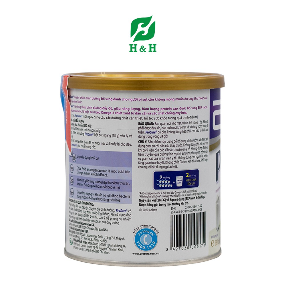 Sữa bột Prosure Vanilla dinh dưỡng vàng cho bệnh nhân ung thư - 380g